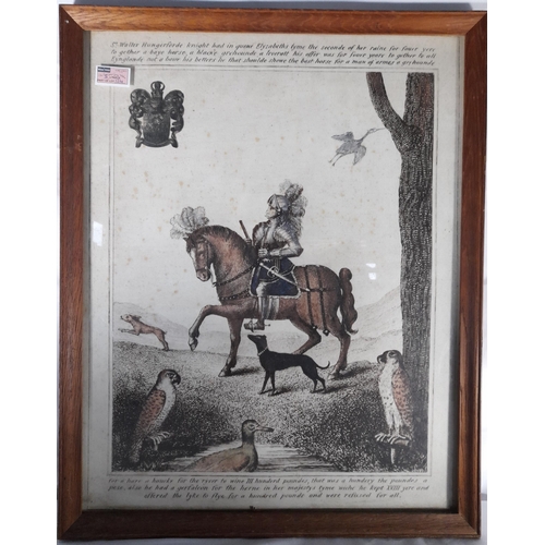 124 - A WATER COLOUR OF CAVALRYMAN ON HORSEBACK, along with a hand coloured print of Sir Walter Hungerford... 