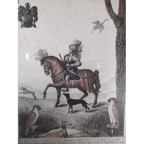 124 - A WATER COLOUR OF CAVALRYMAN ON HORSEBACK, along with a hand coloured print of Sir Walter Hungerford... 