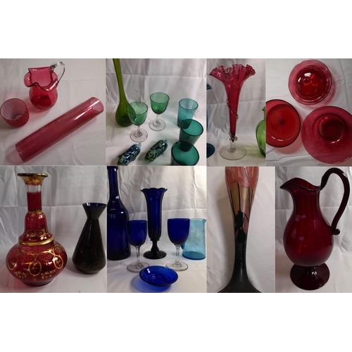 74 - A GROUP OF 19TH & 20TH CENTURY GLASS WARES, including a Mary Gregory jug with repair to handle, gilt... 