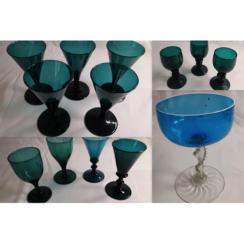 78 - A SELECTION OF TWELVE 19TH CENTURY EMERALD GLASSES, with conical and tapering bowls, some on knopped... 