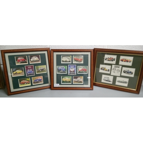 36 - A Set of Framed Golden Era Cards including VW Beetles/Transporters and Graham and Damon Hill Set.