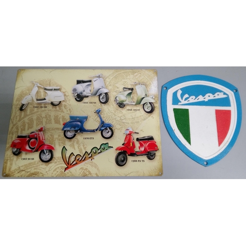 844 - A Vespa Cast Plaque and Tin Sign.