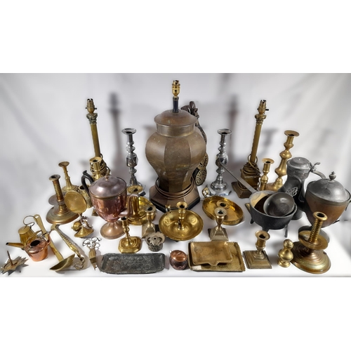 131 - A QUANTITY OF METAL WARES, including a pair of brass Corinthian pillar table lamps, a pair of large ... 