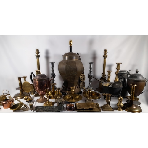 131 - A QUANTITY OF METAL WARES, including a pair of brass Corinthian pillar table lamps, a pair of large ... 