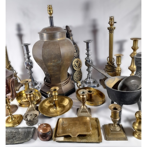 131 - A QUANTITY OF METAL WARES, including a pair of brass Corinthian pillar table lamps, a pair of large ... 