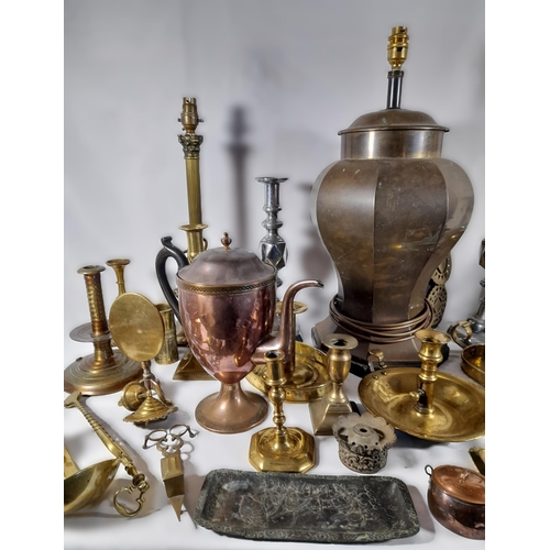 131 - A QUANTITY OF METAL WARES, including a pair of brass Corinthian pillar table lamps, a pair of large ... 