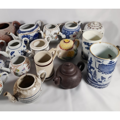 136 - A LARGE COLLECTION OF 18TH / 19TH CENTURY TEAPOTS AND TANKARDS, including Chinese export wares, a Me... 