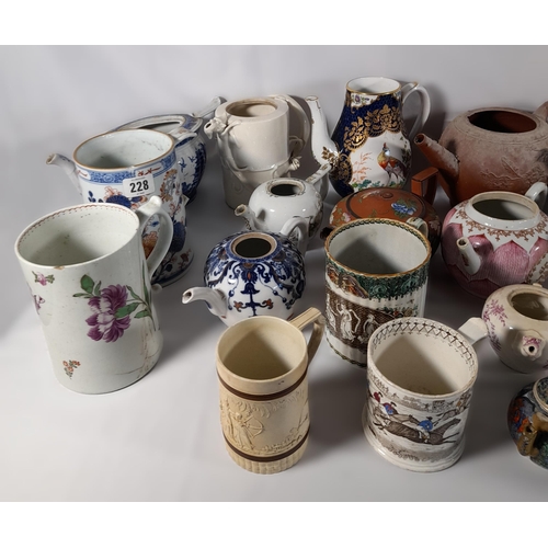 136 - A LARGE COLLECTION OF 18TH / 19TH CENTURY TEAPOTS AND TANKARDS, including Chinese export wares, a Me... 