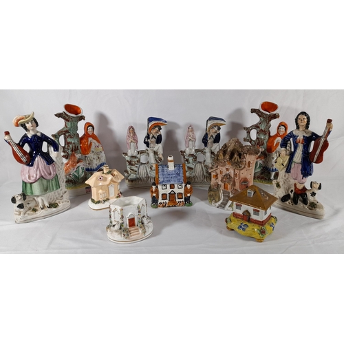 127 - A GROUP OF 19TH CENTURY STAFFORDSHIRE WARES, the lot includes a pair of flat back musician figures, ... 