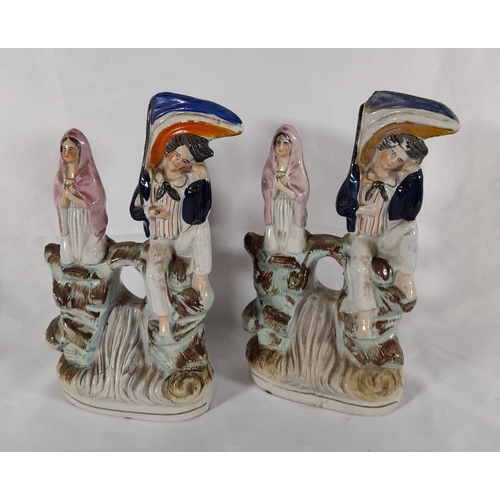 127 - A GROUP OF 19TH CENTURY STAFFORDSHIRE WARES, the lot includes a pair of flat back musician figures, ... 