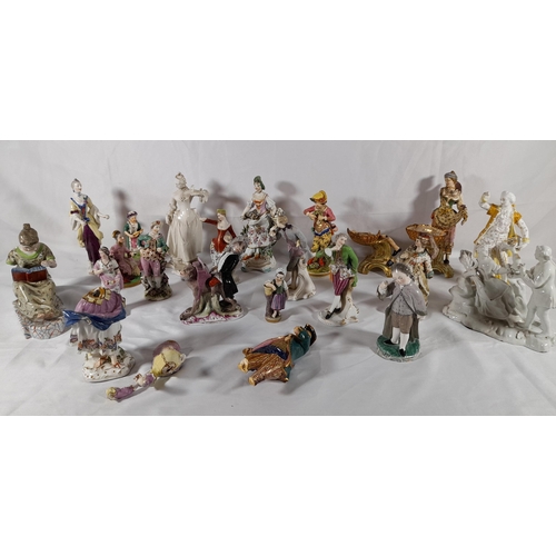 129 - A GROUP OF TWENTY TWO VARIOUS CONTINENTAL PORCELAIN FIGURINES, 18TH & 19TH CENTURY, including a monk... 