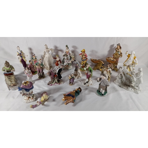 129 - A GROUP OF TWENTY TWO VARIOUS CONTINENTAL PORCELAIN FIGURINES, 18TH & 19TH CENTURY, including a monk... 