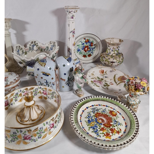 134 - A PAIR OF VEUVE PERRIN FAIENCE CORINTHIAN CANDLESTICKS AND A GROUP OF OTHER FAIENCE AND CREAM WARE C... 