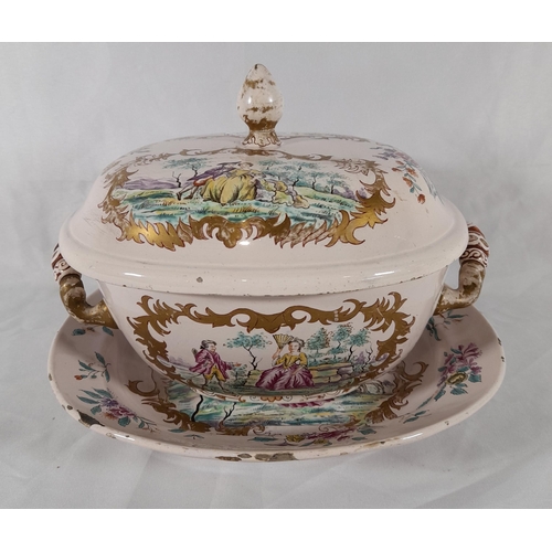 135 - A DUTCH DELFT COVERED TUREEN ON STAND, LATE 18TH CENTURY, the cover and sides painted with floral sp... 