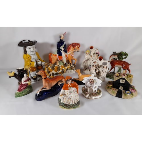 139 - AN EARLY 19TH CENTURY PRATT WARE FIGURAL SPILL VASE AND A GROUP OF STAFFORDSHIRE WARES, including a ... 