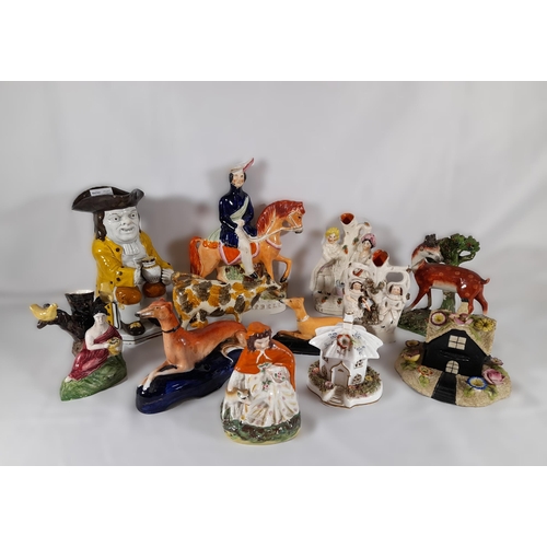 139 - AN EARLY 19TH CENTURY PRATT WARE FIGURAL SPILL VASE AND A GROUP OF STAFFORDSHIRE WARES, including a ... 