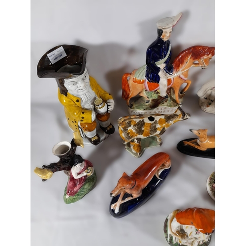 139 - AN EARLY 19TH CENTURY PRATT WARE FIGURAL SPILL VASE AND A GROUP OF STAFFORDSHIRE WARES, including a ... 