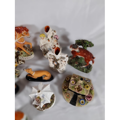 139 - AN EARLY 19TH CENTURY PRATT WARE FIGURAL SPILL VASE AND A GROUP OF STAFFORDSHIRE WARES, including a ... 