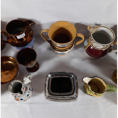 140 - A GROUP OF VICTORIAN LUSTRE WARE JUGS, BOWL AND GOBLET, along with a mocha ware mug and two handled ... 