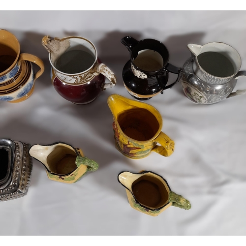 140 - A GROUP OF VICTORIAN LUSTRE WARE JUGS, BOWL AND GOBLET, along with a mocha ware mug and two handled ... 