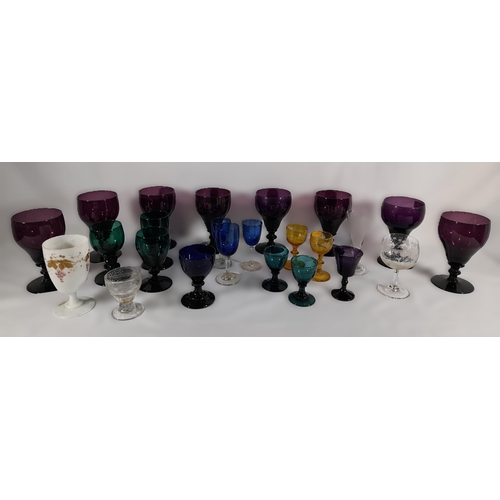 141 - A SET OF EIGHT 19TH CENTURY AMETHYST GLASS KNOPPED STEM GOBLETS, along with a mixed group of 19th ce... 