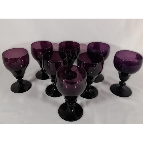 141 - A SET OF EIGHT 19TH CENTURY AMETHYST GLASS KNOPPED STEM GOBLETS, along with a mixed group of 19th ce... 