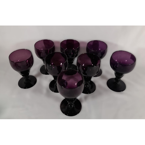 141 - A SET OF EIGHT 19TH CENTURY AMETHYST GLASS KNOPPED STEM GOBLETS, along with a mixed group of 19th ce... 