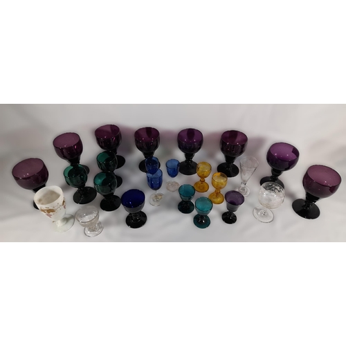 141 - A SET OF EIGHT 19TH CENTURY AMETHYST GLASS KNOPPED STEM GOBLETS, along with a mixed group of 19th ce... 