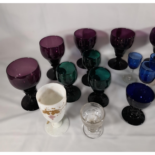 141 - A SET OF EIGHT 19TH CENTURY AMETHYST GLASS KNOPPED STEM GOBLETS, along with a mixed group of 19th ce... 