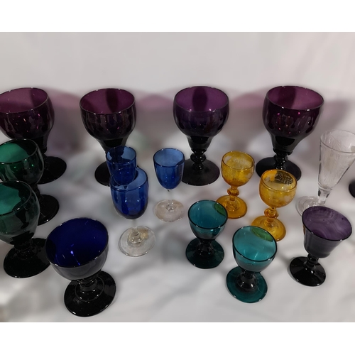 141 - A SET OF EIGHT 19TH CENTURY AMETHYST GLASS KNOPPED STEM GOBLETS, along with a mixed group of 19th ce... 