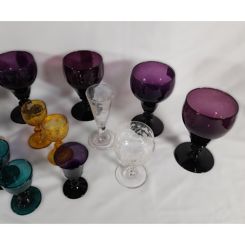 141 - A SET OF EIGHT 19TH CENTURY AMETHYST GLASS KNOPPED STEM GOBLETS, along with a mixed group of 19th ce... 