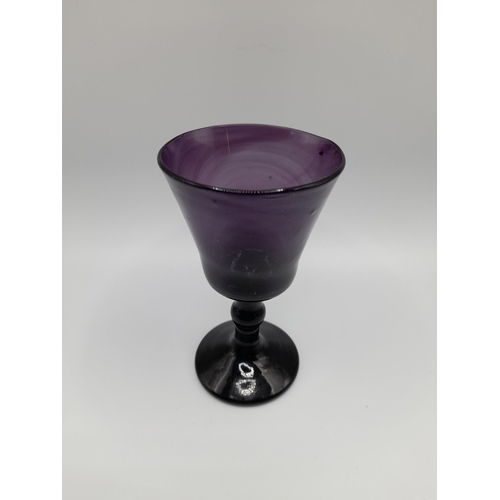 141 - A SET OF EIGHT 19TH CENTURY AMETHYST GLASS KNOPPED STEM GOBLETS, along with a mixed group of 19th ce... 