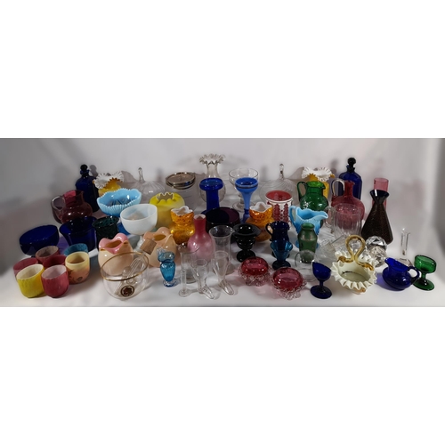 142 - A LARGE GROUP OF MAINLY 19TH CENTURY GLASS WARES, the lot includes cranberry glass jugs and salts, B... 