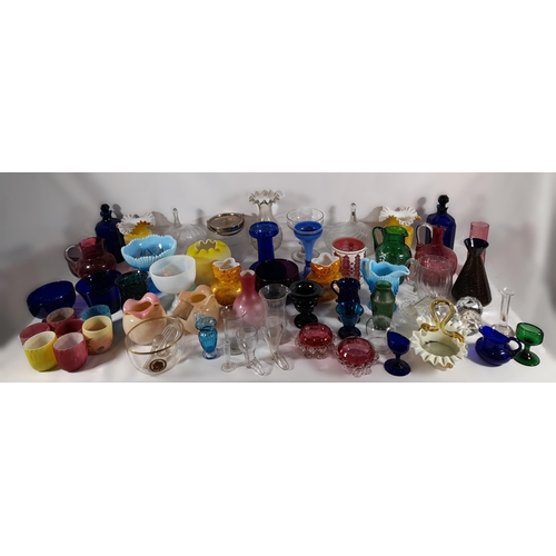 142 - A LARGE GROUP OF MAINLY 19TH CENTURY GLASS WARES, the lot includes cranberry glass jugs and salts, B... 