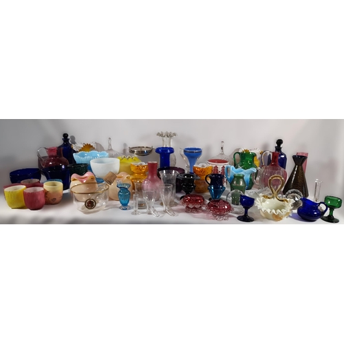 142 - A LARGE GROUP OF MAINLY 19TH CENTURY GLASS WARES, the lot includes cranberry glass jugs and salts, B... 