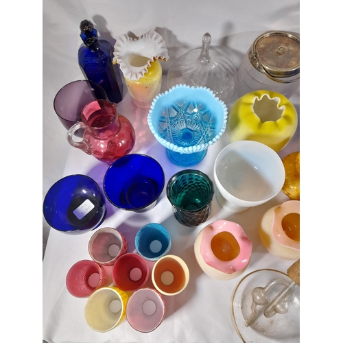 142 - A LARGE GROUP OF MAINLY 19TH CENTURY GLASS WARES, the lot includes cranberry glass jugs and salts, B... 