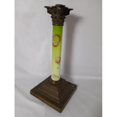 144 - A GROUP OF 19TH CENTURY BRASS AND COLOURED GLASS OIL LAMP BASES, including an attractive green glass... 