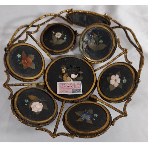 146 - A 19TH CENTURY PIETRA DURA INSET FAUX BAMBOO BRASS BASKET, along with a carved soapstone floral inse... 