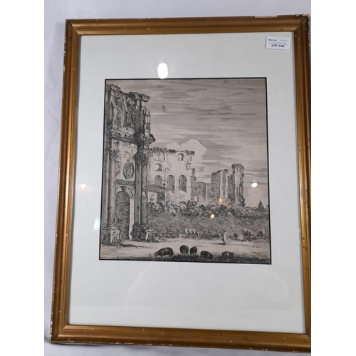 138 - STEFANO DELLA BELLA ENGRAVING OF ROMAN RUINS, along with two signed English engravings of cloisters ... 