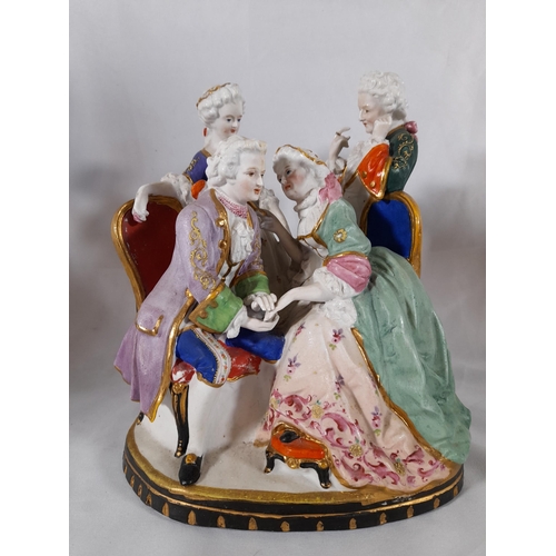 151 - A LARGE CONTINENTAL CREAM GLAZED GROUP FIGURE, A PAINTED BISCUIT PORCELAIN GROUP FIGURE, along with ... 