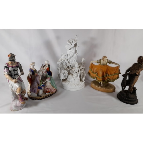 151 - A LARGE CONTINENTAL CREAM GLAZED GROUP FIGURE, A PAINTED BISCUIT PORCELAIN GROUP FIGURE, along with ... 