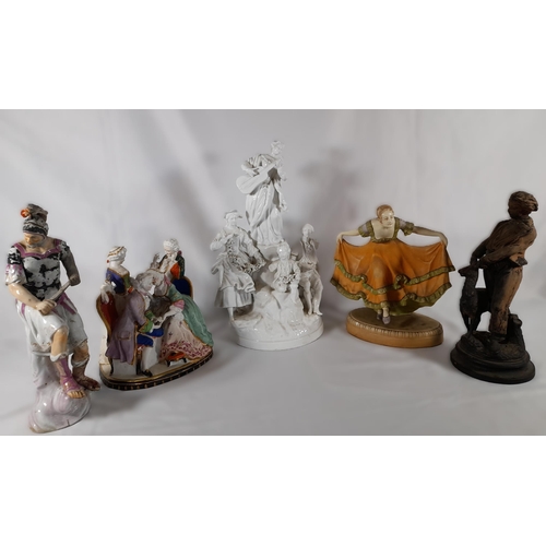 151 - A LARGE CONTINENTAL CREAM GLAZED GROUP FIGURE, A PAINTED BISCUIT PORCELAIN GROUP FIGURE, along with ... 