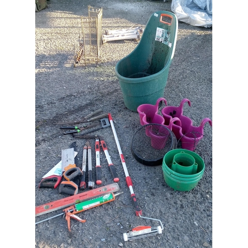 95 - A Selection of Garden Tools including Loppers, Saws, Spirit Levels, Pots and Baskets.