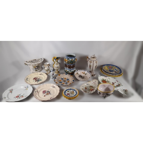 159 - A GROUP OF CONTINENTAL FAIENCE POTTERY WARES, MOSTLY 19TH CENTURY, including an unusual Dutch Delft ... 