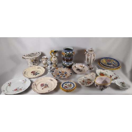 159 - A GROUP OF CONTINENTAL FAIENCE POTTERY WARES, MOSTLY 19TH CENTURY, including an unusual Dutch Delft ... 