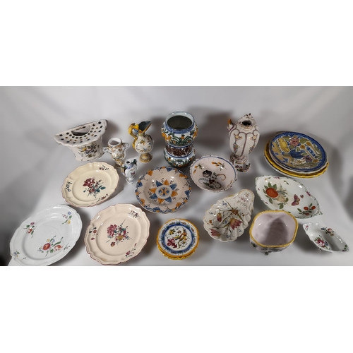 159 - A GROUP OF CONTINENTAL FAIENCE POTTERY WARES, MOSTLY 19TH CENTURY, including an unusual Dutch Delft ... 