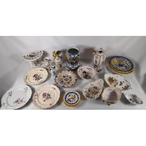 159 - A GROUP OF CONTINENTAL FAIENCE POTTERY WARES, MOSTLY 19TH CENTURY, including an unusual Dutch Delft ... 