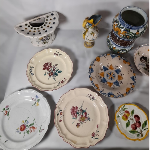 159 - A GROUP OF CONTINENTAL FAIENCE POTTERY WARES, MOSTLY 19TH CENTURY, including an unusual Dutch Delft ... 