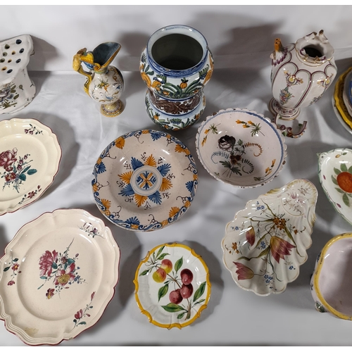 159 - A GROUP OF CONTINENTAL FAIENCE POTTERY WARES, MOSTLY 19TH CENTURY, including an unusual Dutch Delft ... 