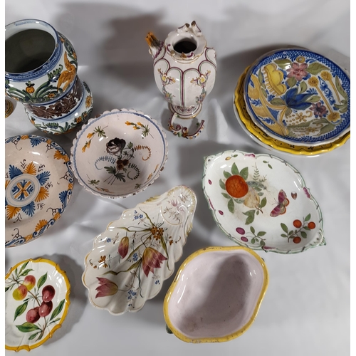 159 - A GROUP OF CONTINENTAL FAIENCE POTTERY WARES, MOSTLY 19TH CENTURY, including an unusual Dutch Delft ... 